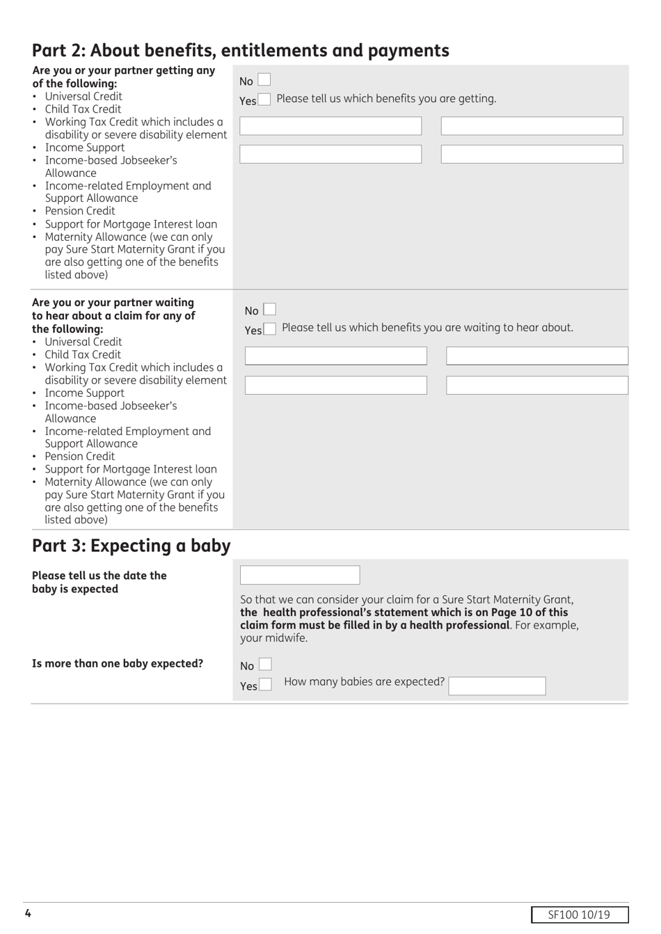 Form SF100 Sure Start Maternity Grant From the Social Fund - United Kingdom, Page 4