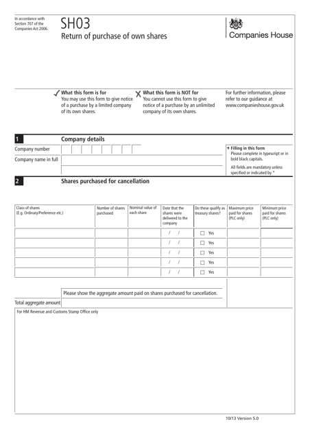 Form SH03 Return of Purchase of Own Shares - United Kingdom