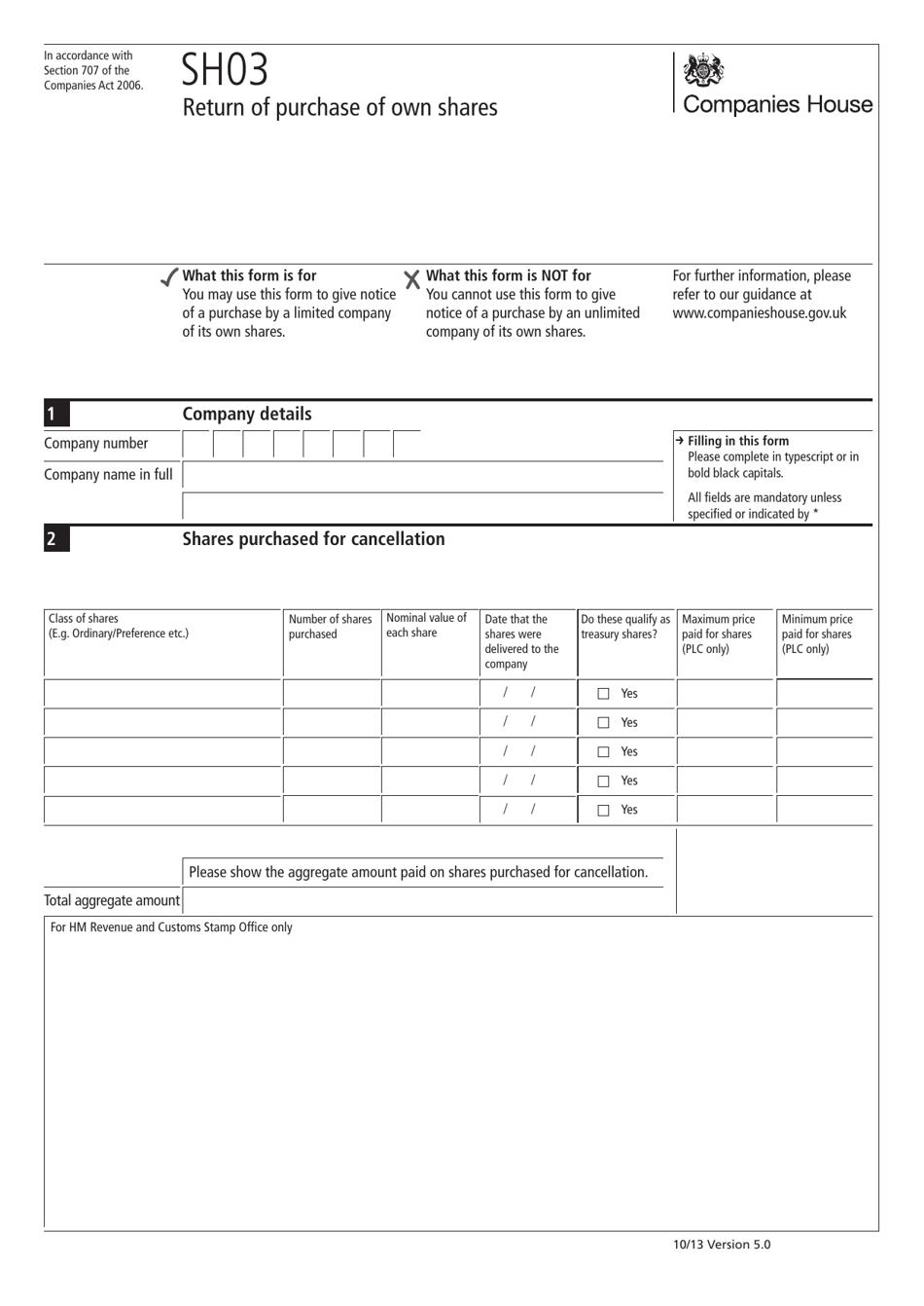 Form SH03 Return of Purchase of Own Shares - United Kingdom, Page 1