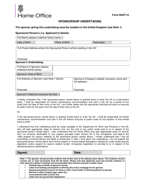 Form SU07/12 Sponsorship Undertaking - United Kingdom