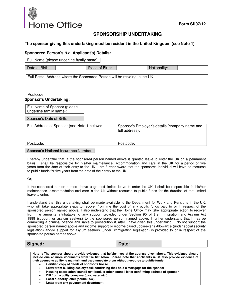 Form SU07 / 12 Sponsorship Undertaking - United Kingdom, Page 1