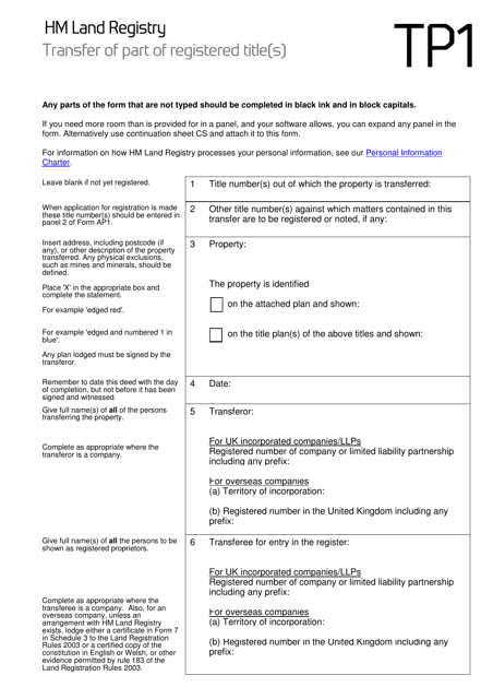 Form TP1 Transfer of Part of Registered Title(S) - United Kingdom