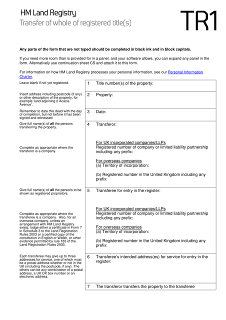 Form TR1 Transfer of Whole of Registered Title(S) - United Kingdom