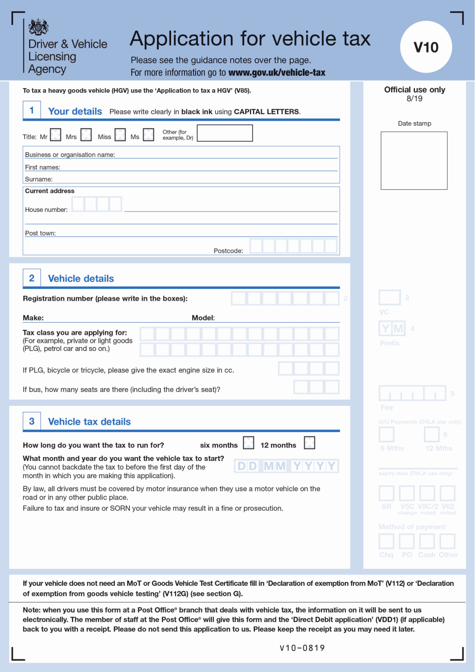 Form V10 Application for Vehicle Tax - United Kingdom, Page 2
