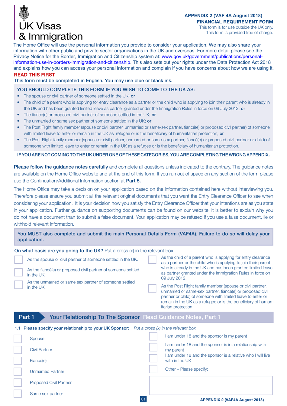 Form VAF4A Appendix 2 Financial Requirement Form - United Kingdom, Page 1