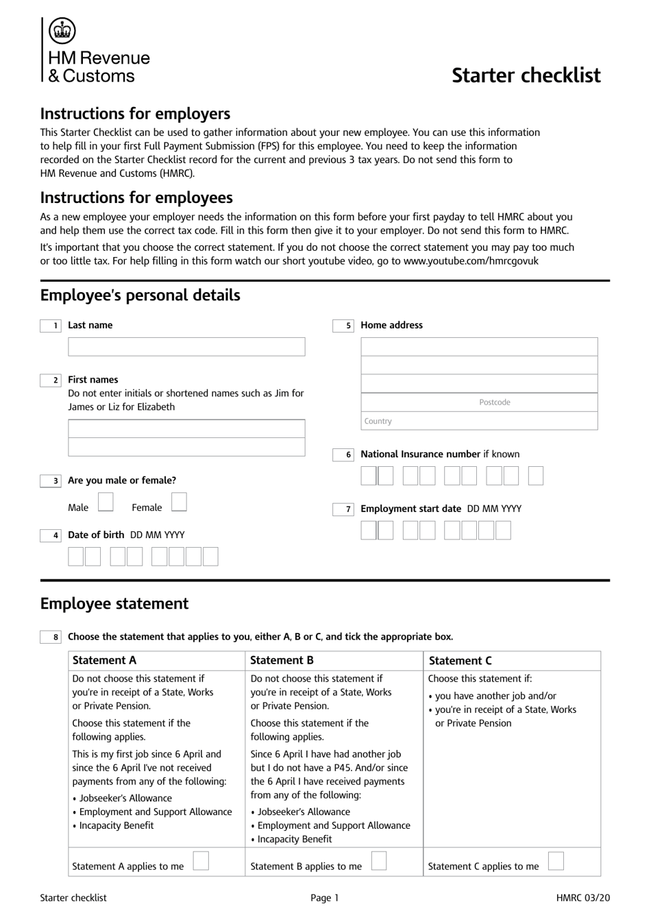 Starter Checklist - United Kingdom, Page 1