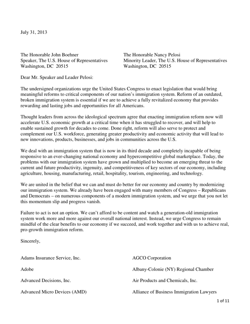 Final Broad Immigration Letter to House