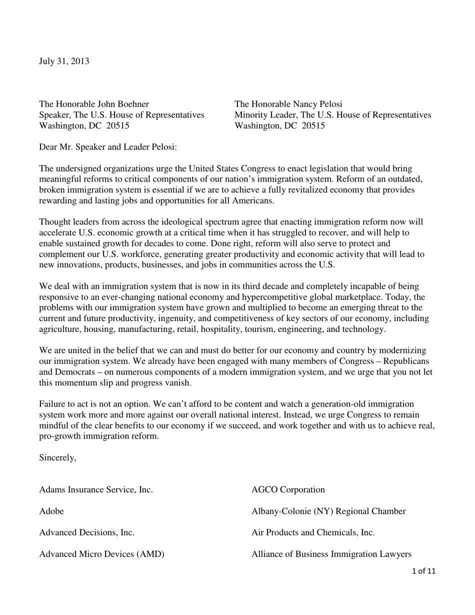Final Broad Immigration Letter to House, Page 1