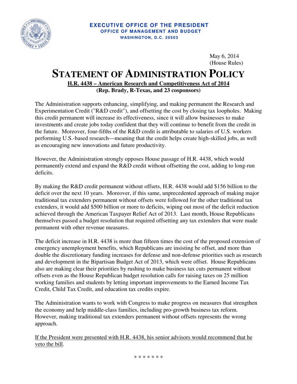 Statement of Administration Policy - H.r. 4438, Page 1