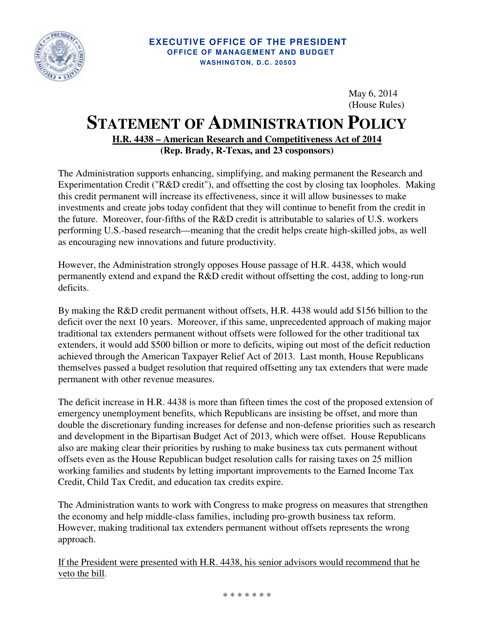 Statement of Administration Policy - H.r. 4438 Download Pdf