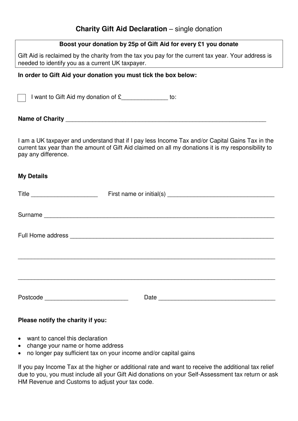 United Kingdom Charity Gift Aid Declaration Single Donation Fill Out, Sign Online and