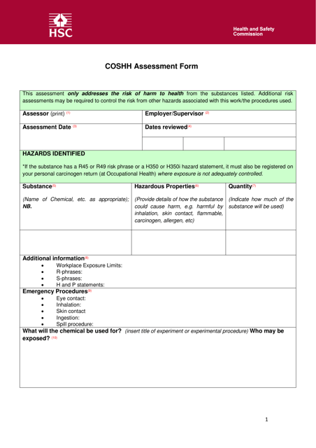 Coshh Assessment Form - United Kingdom Download Pdf