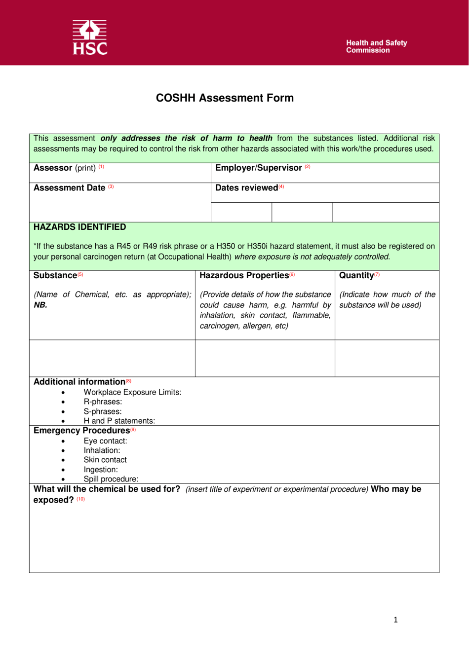 Coshh Assessment Form - United Kingdom, Page 1