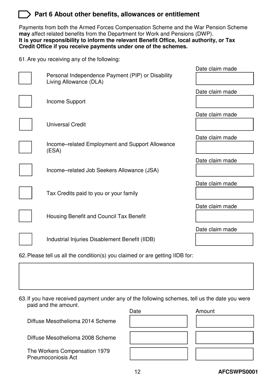 Form AFCSWPS0001 Armed Forces Compensation Scheme (Afcs) and Wps Claim Form - United Kingdom, Page 14