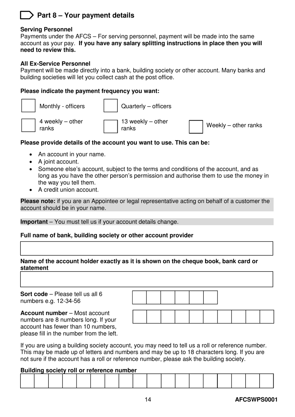 Form AFCSWPS0001 Armed Forces Compensation Scheme (Afcs) and Wps Claim Form - United Kingdom, Page 16