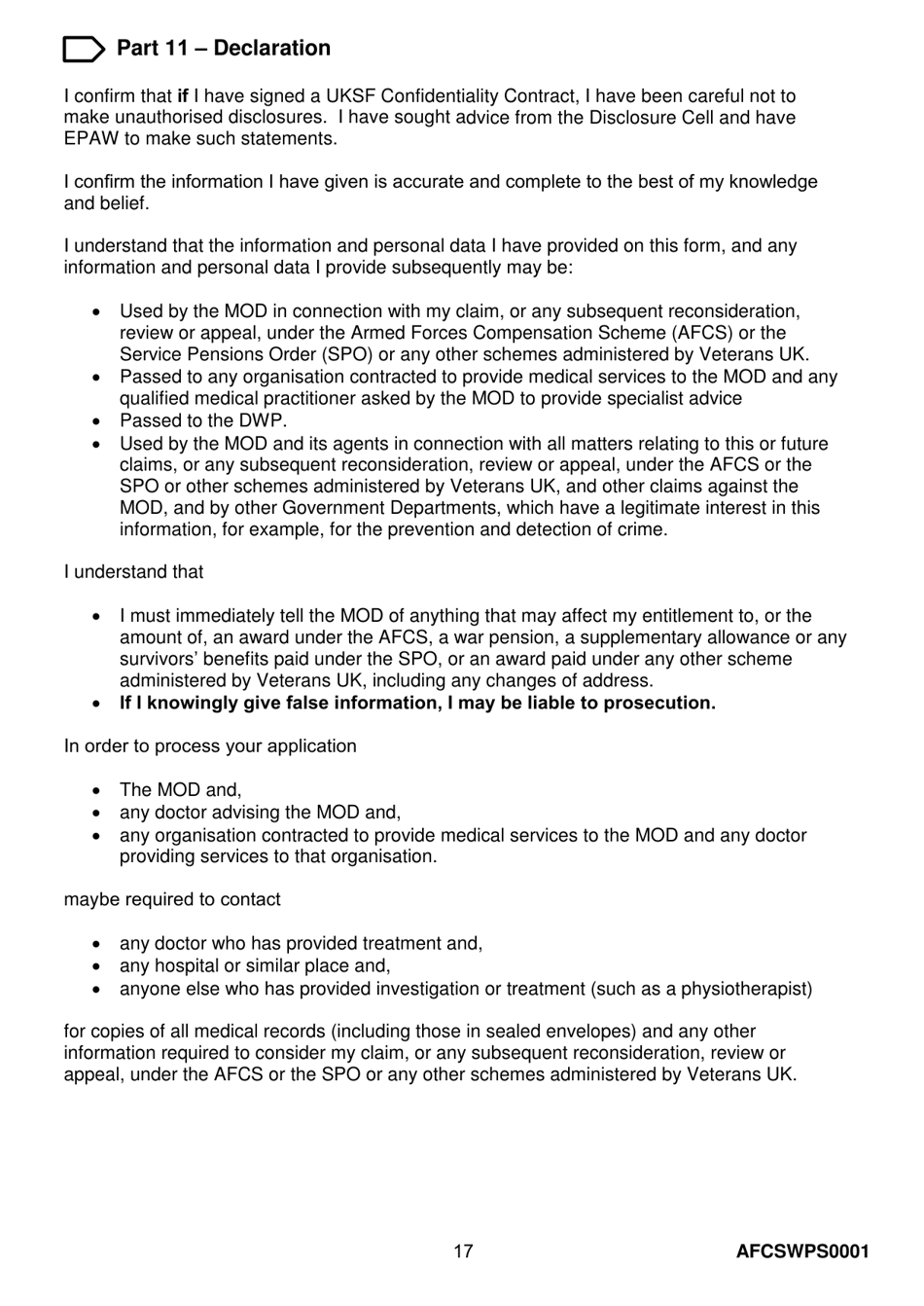 Form AFCSWPS0001 Armed Forces Compensation Scheme (Afcs) and Wps Claim Form - United Kingdom, Page 19