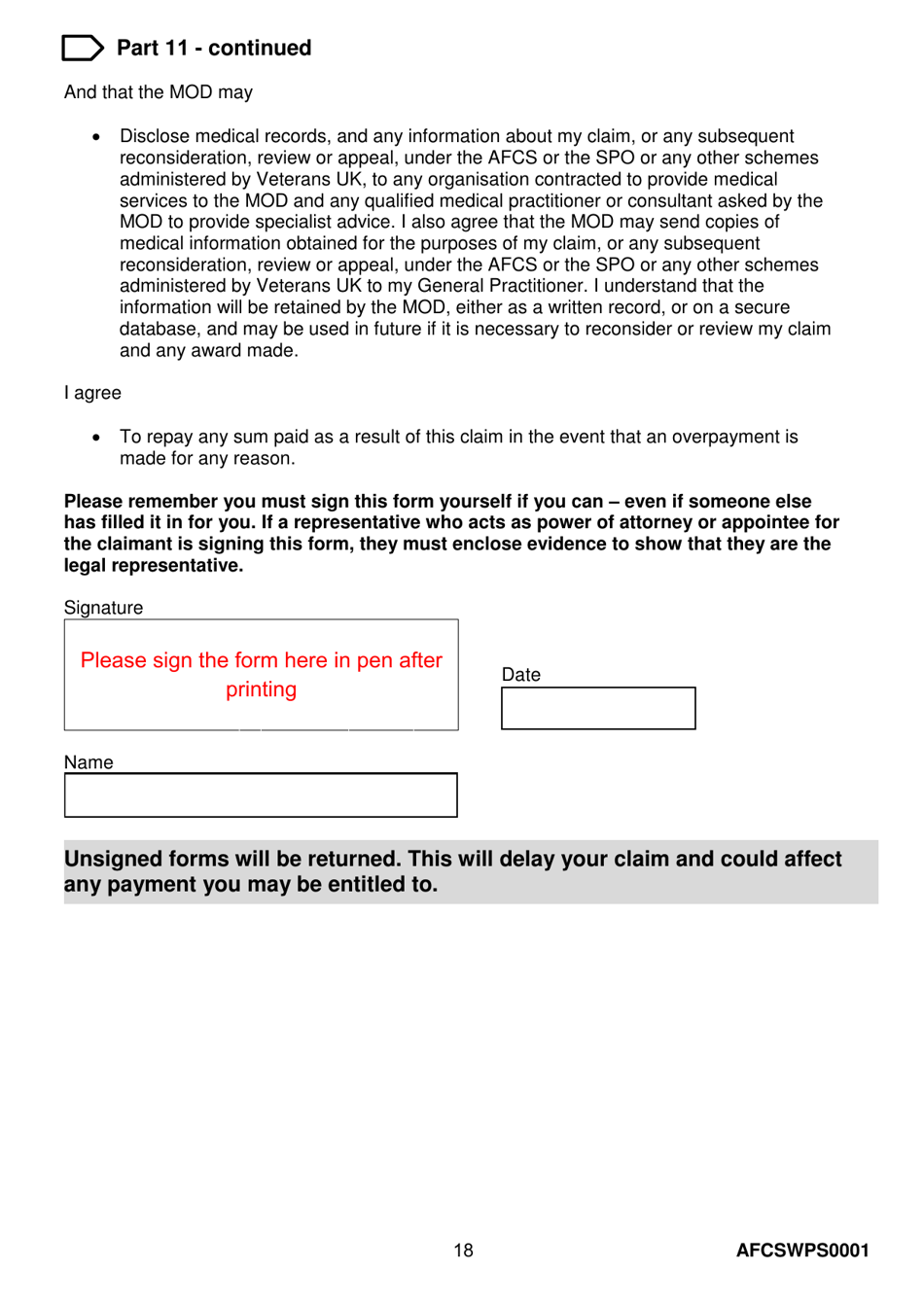 Form AFCSWPS0001 Armed Forces Compensation Scheme (Afcs) and Wps Claim Form - United Kingdom, Page 20