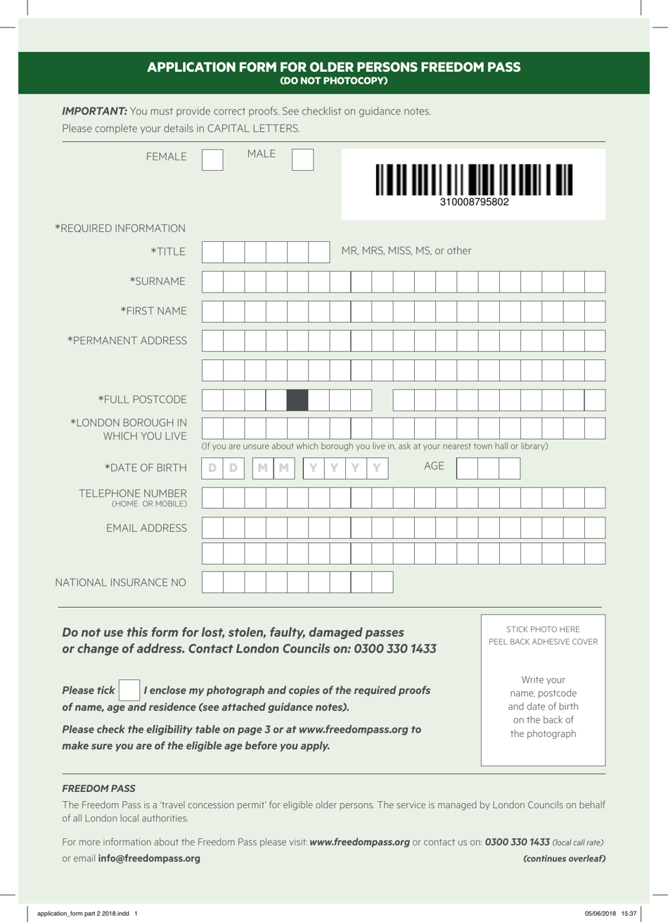 Application Form for Older Persons Freedom Pass - Greater London, United Kingdom, Page 1