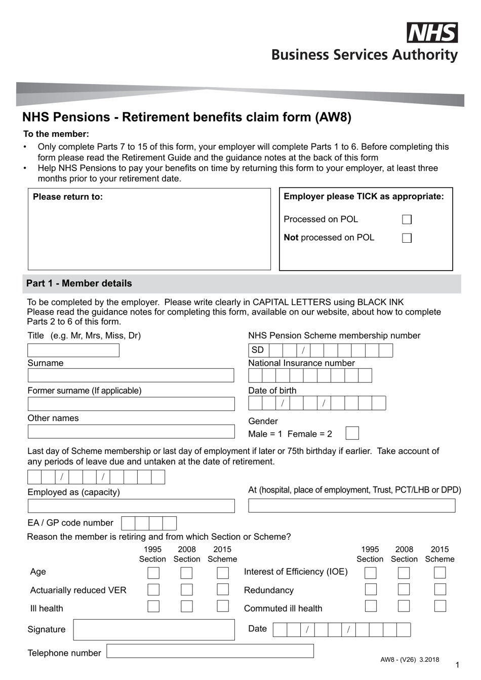 Form AW8 Nhs Pensions - Retirement Benefits Claim Form - United Kingdom, Page 1