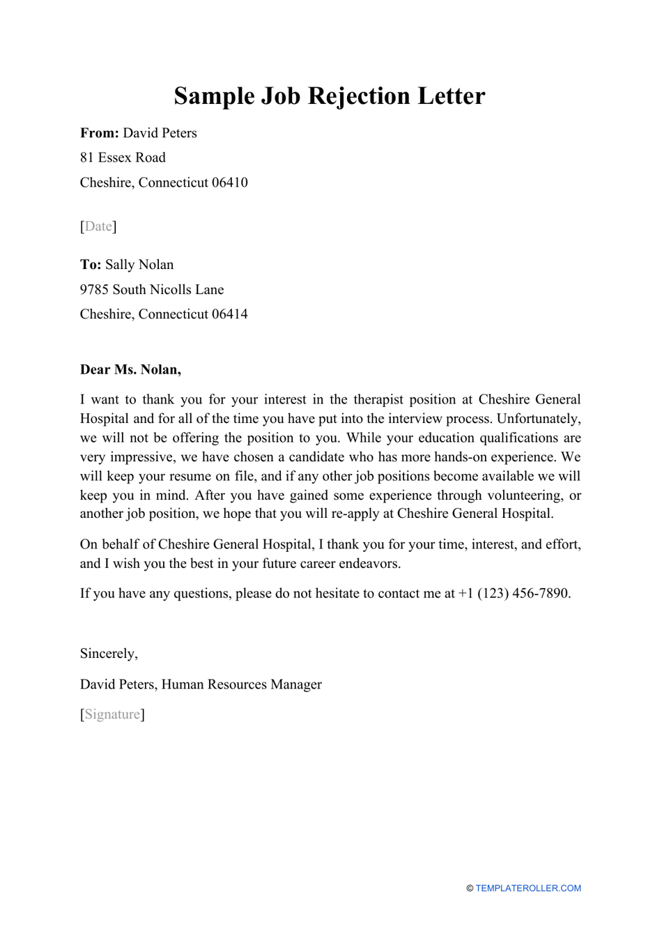 rejection of job application letter sample