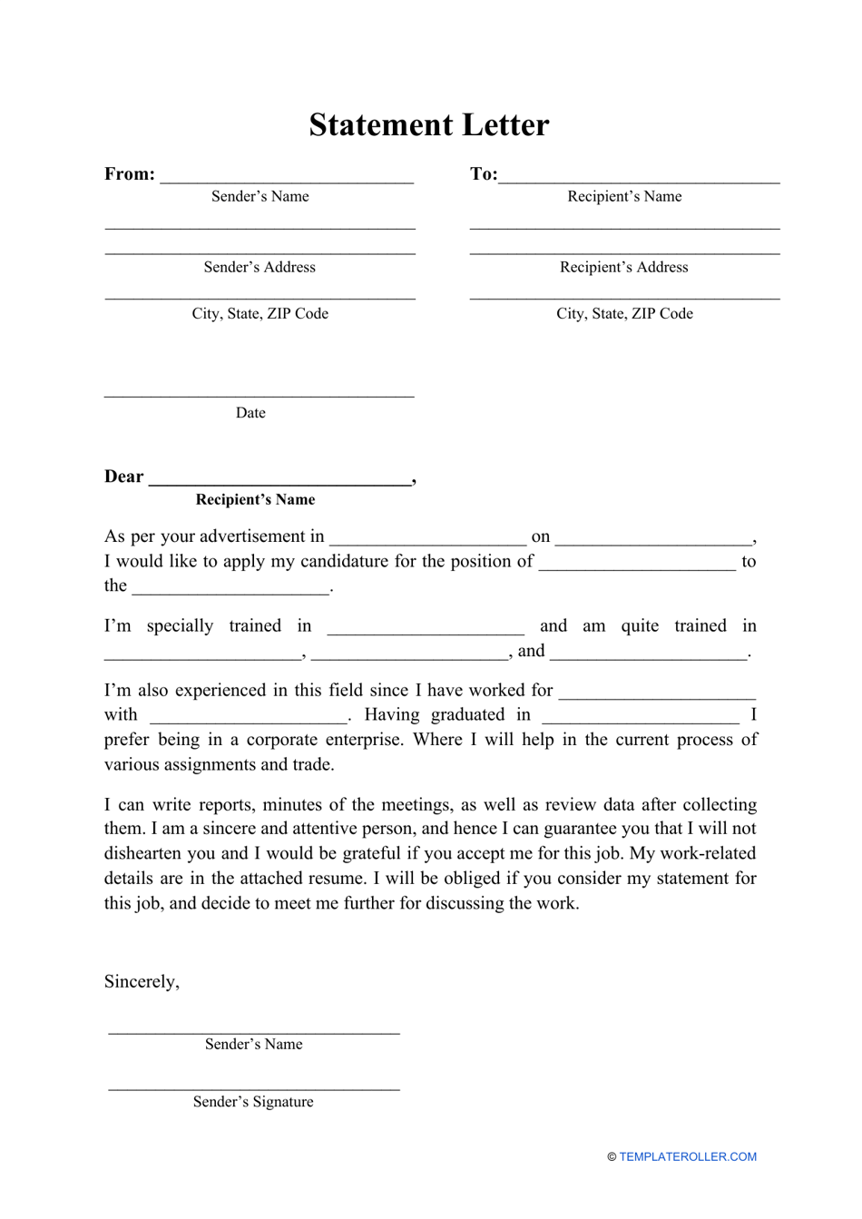 Preview of statement letter template
