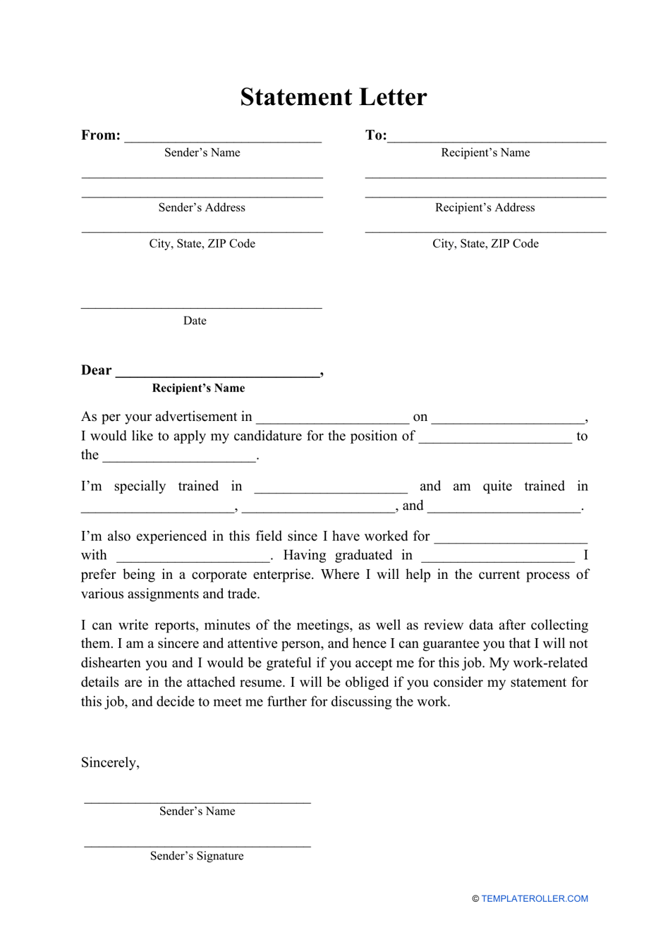 Statement Letter Template Download Printable PDF | Templateroller