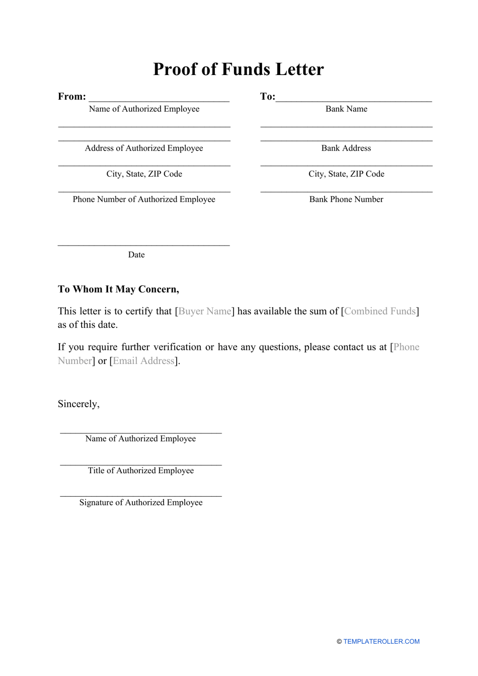 Proof of Funds Letter Template Download Printable PDF  Templateroller Within Proof Of Funds Letter Template