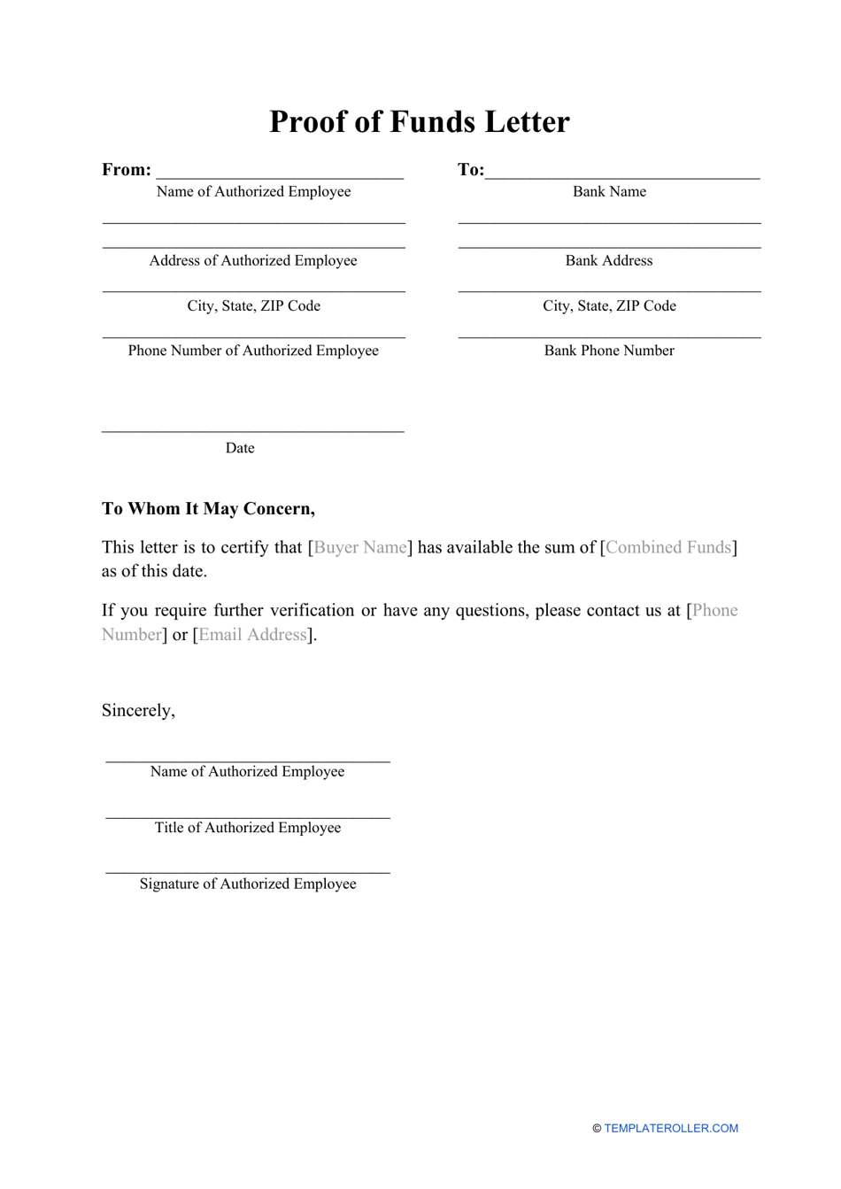 Proof of Funds Letter Template Download Printable PDF Templateroller