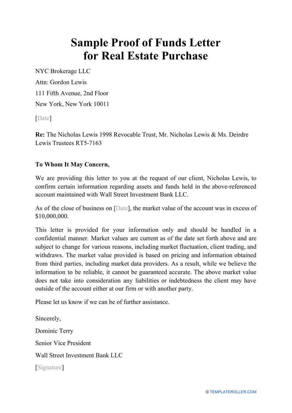 Sample Proof of Funds Letter for Real Estate Purchase - A preview image of a document template titled "Sample Proof of Funds Letter for Real Estate Purchase".