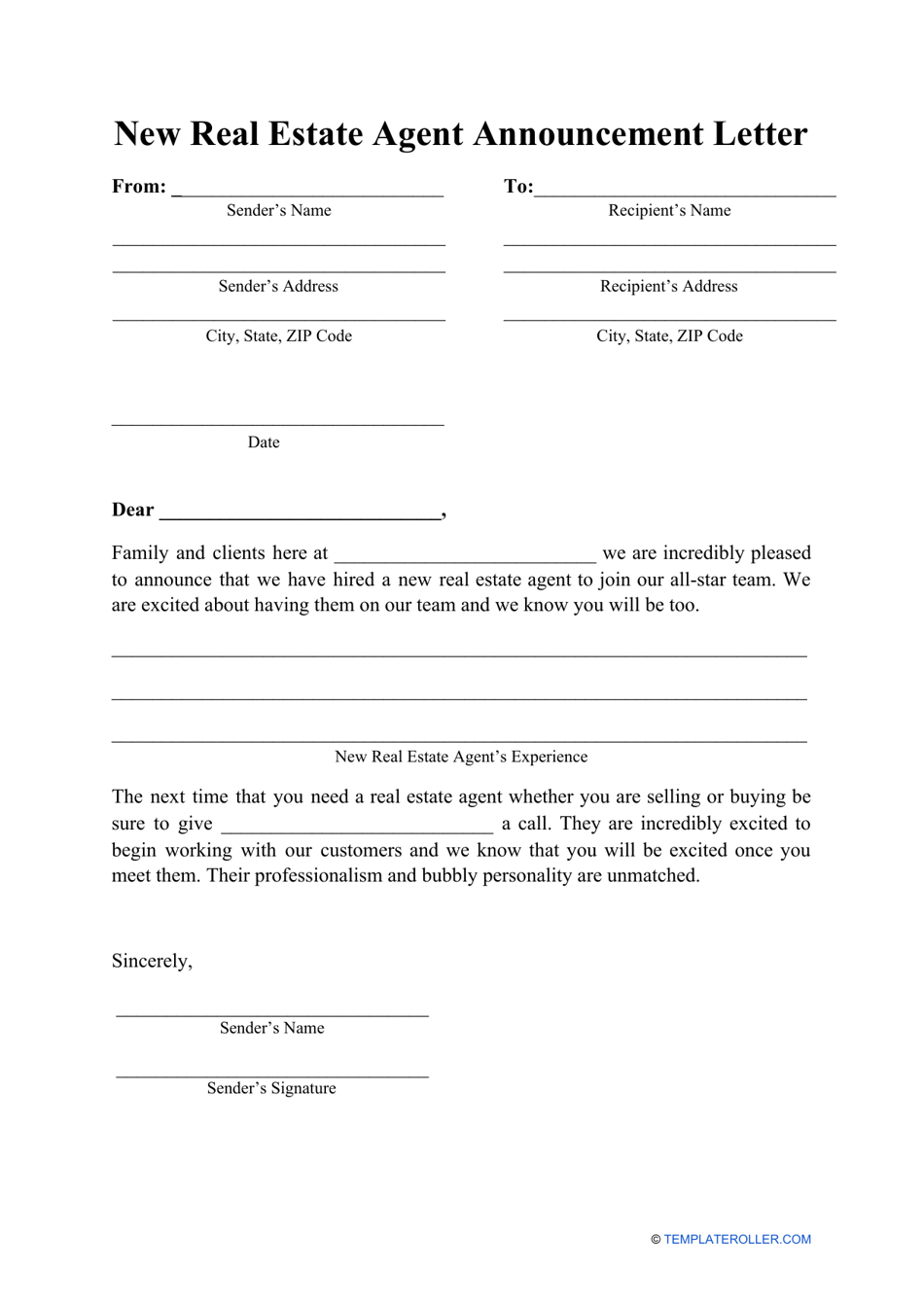 New Real Estate Agent Announcement Letter Template Download Printable