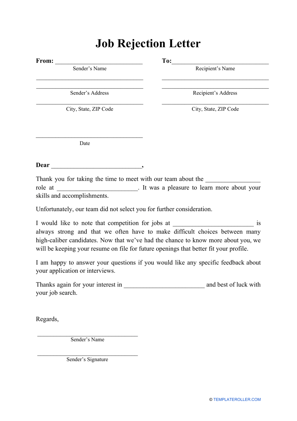 Job Rejection Letter Template, Page 1