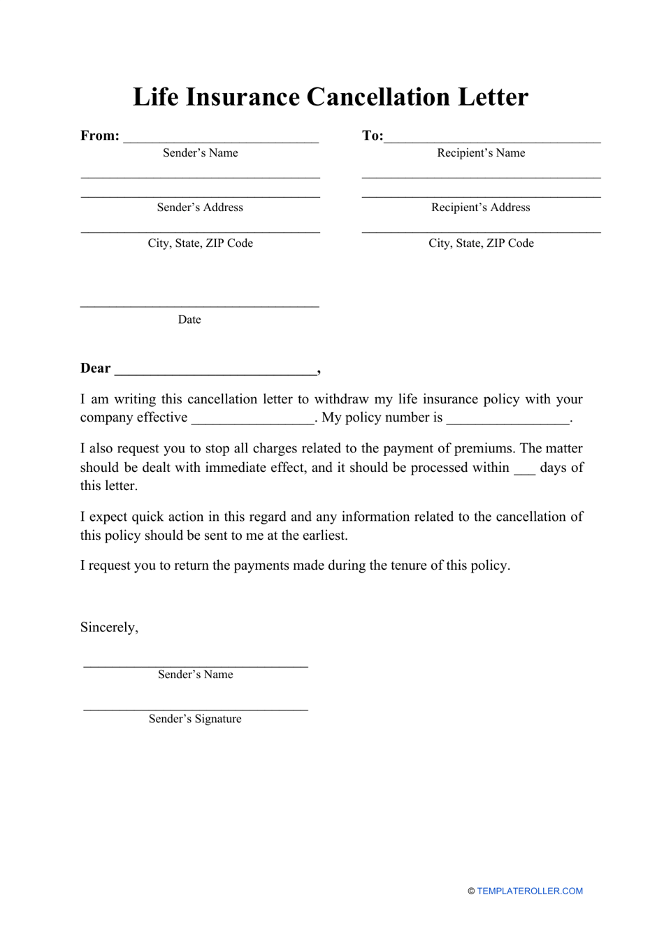 Life Insurance Cancellation Letter Template Download Printable PDF