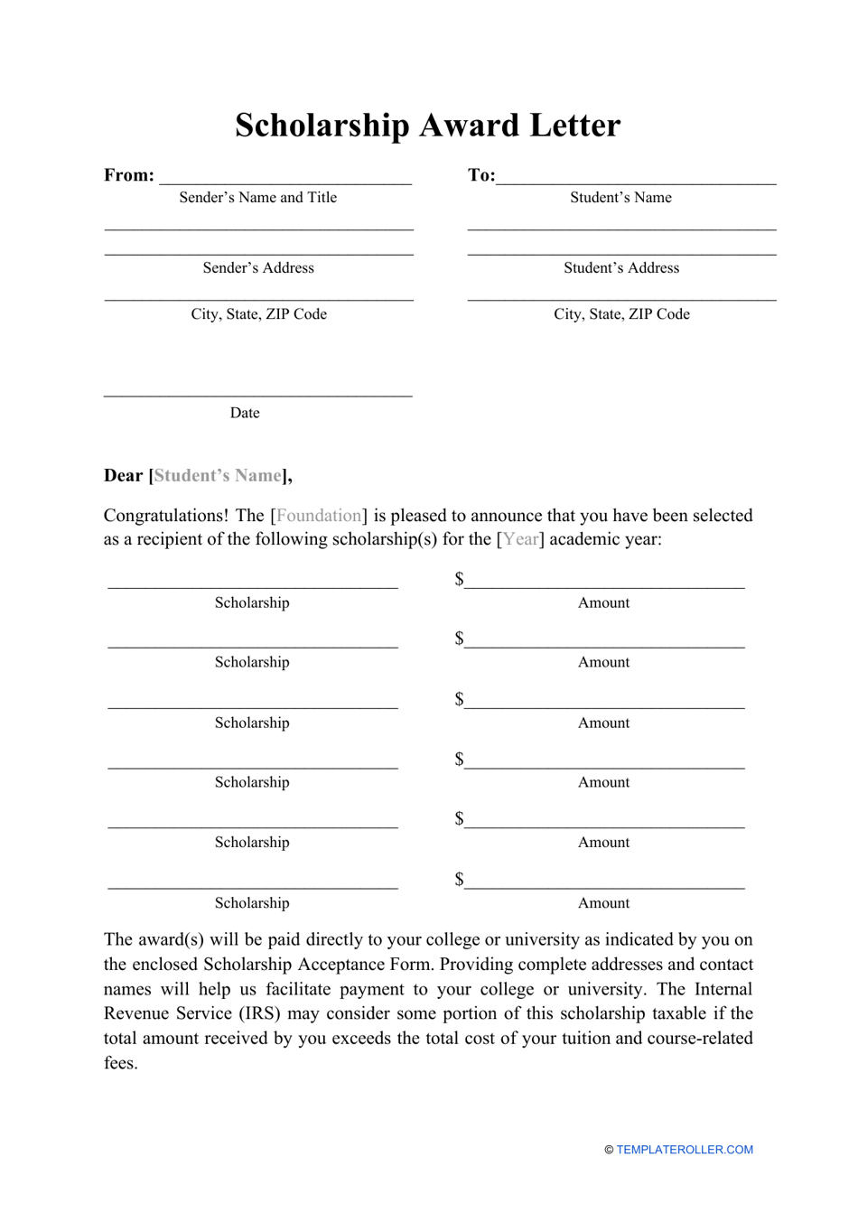 Scholarship Award Letter Template, Page 1
