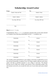 Document preview: Scholarship Award Letter Template