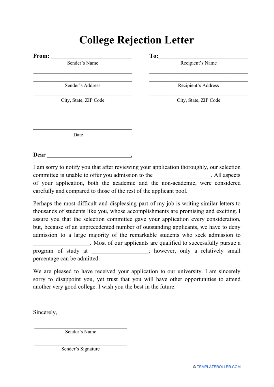 College Rejection Letter Template, Page 1