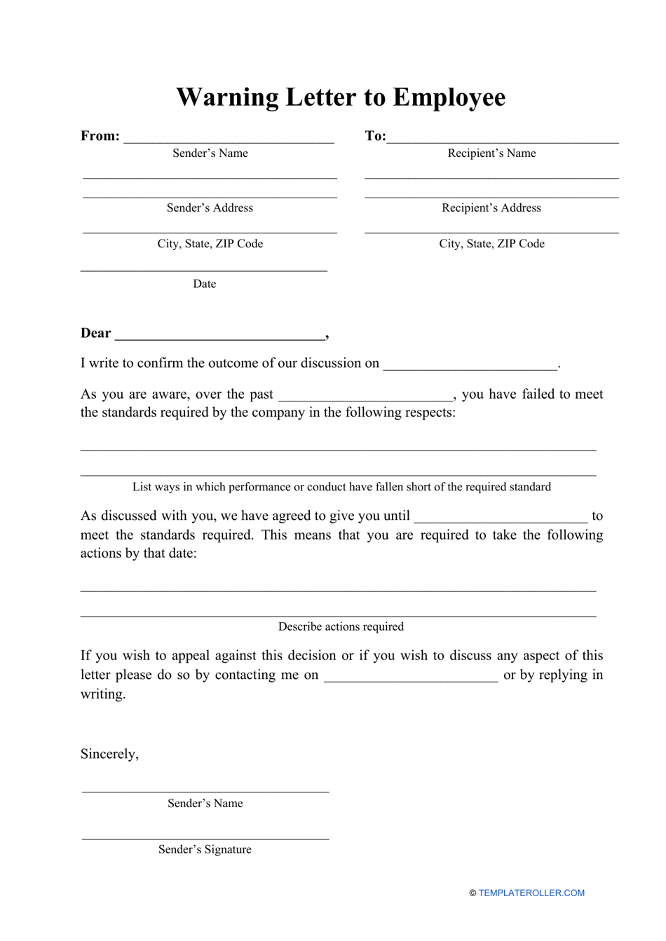 Warning Letter To Employee Template Fill Out Sign Online And Download Pdf Templateroller