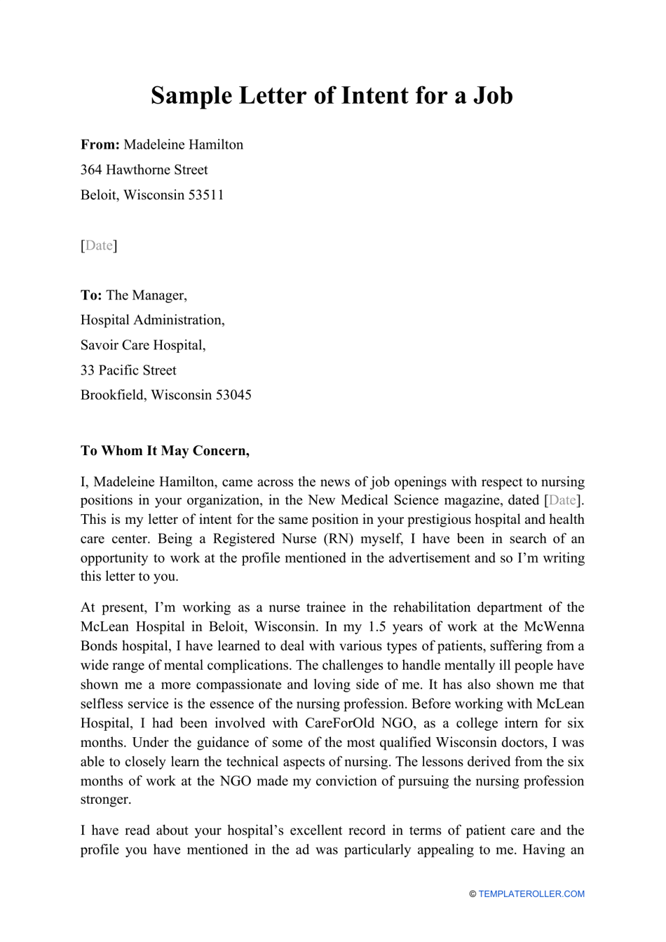 Sample Letter of Intent for a Job Download Printable PDF