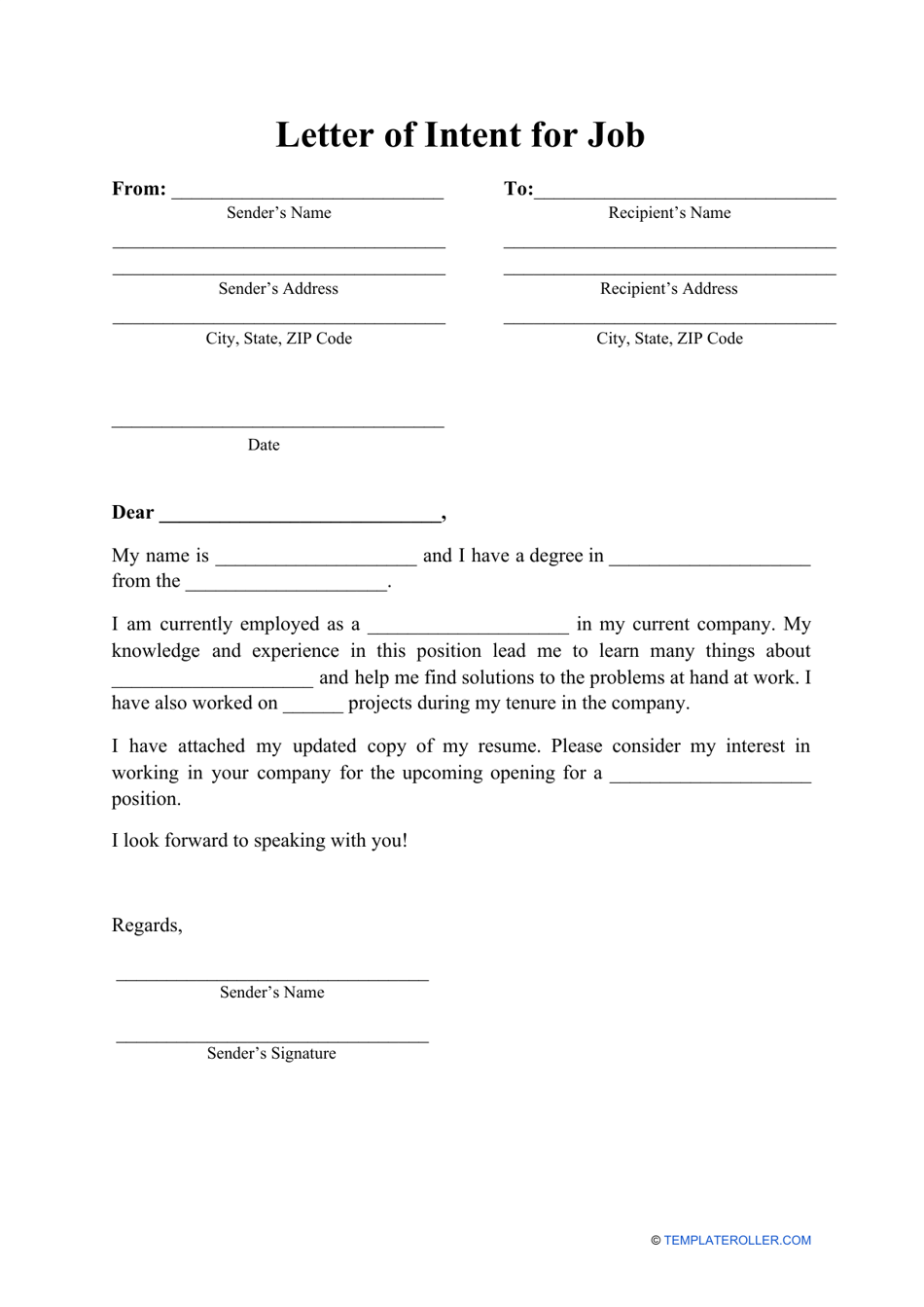 Letter of Intent for Job Template, Page 1