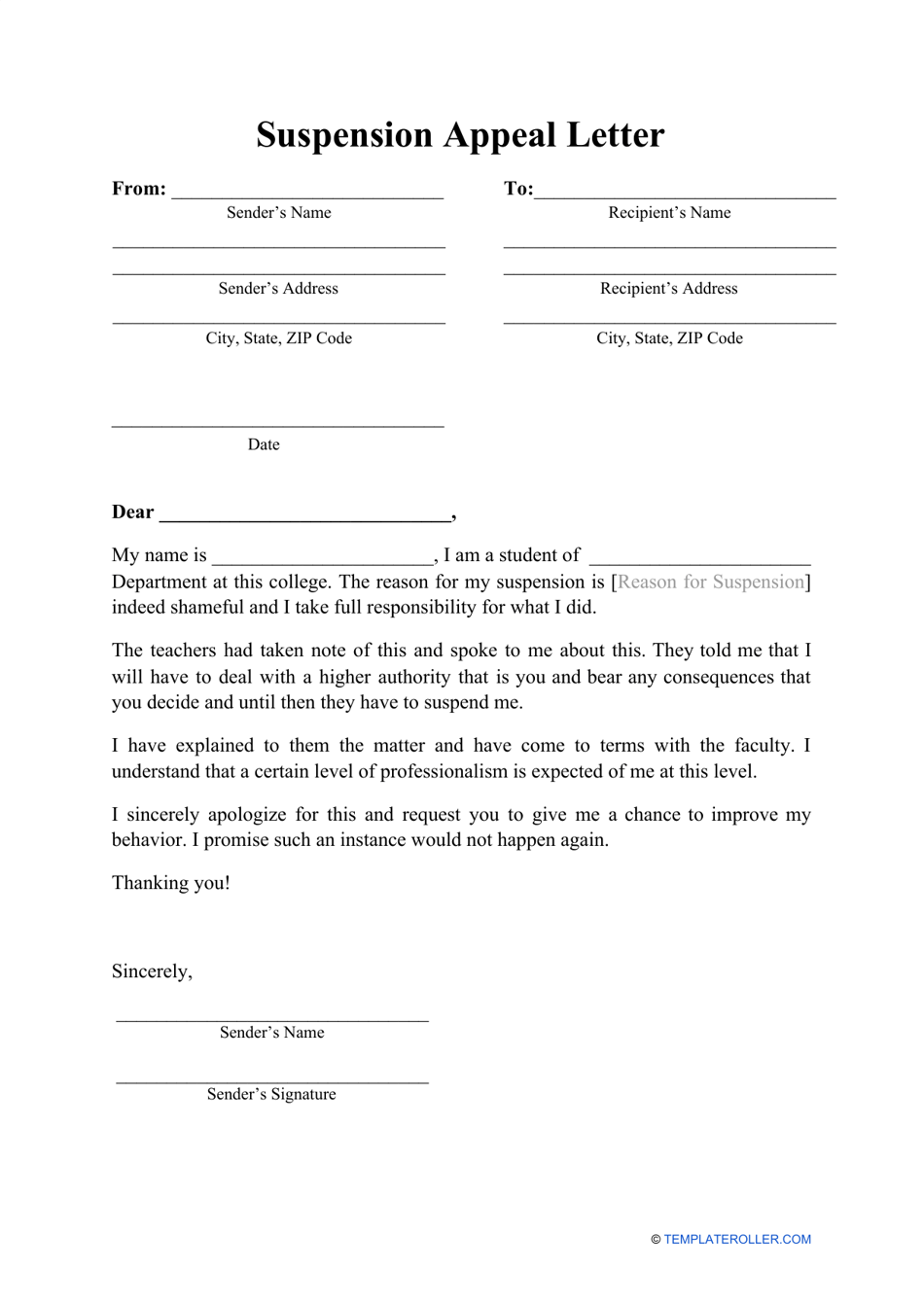 Suspension Appeal Letter Template - Professional Format | TemplateRoller