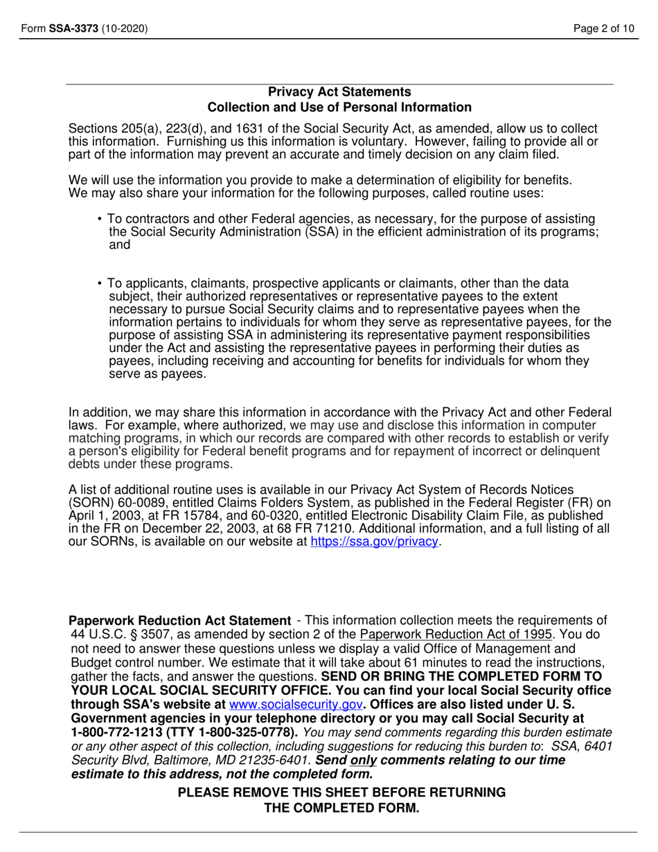 Form SSA-3373 Function Report - Adult, Page 2