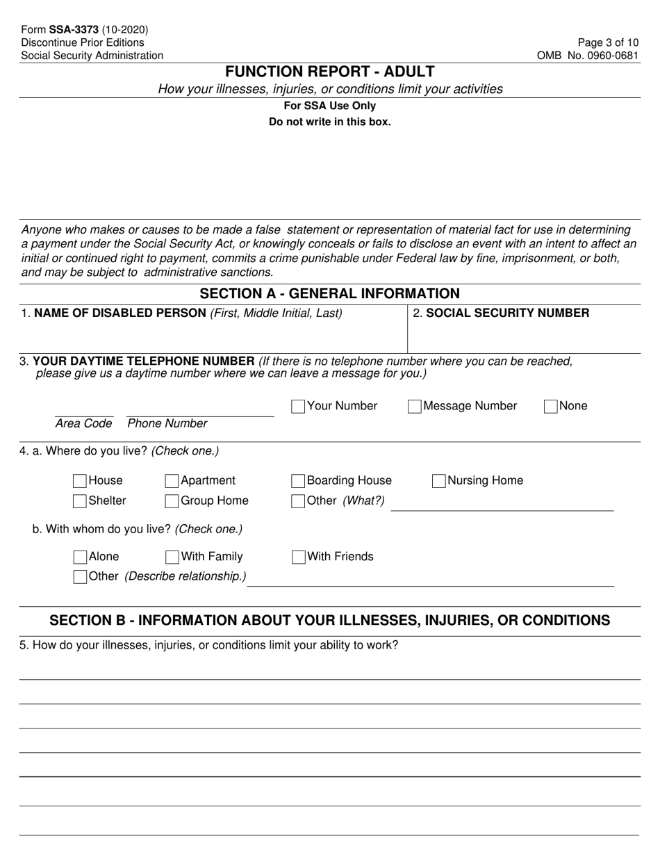 Form SSA-3373 Download Fillable PDF or Fill Online Function Report ...