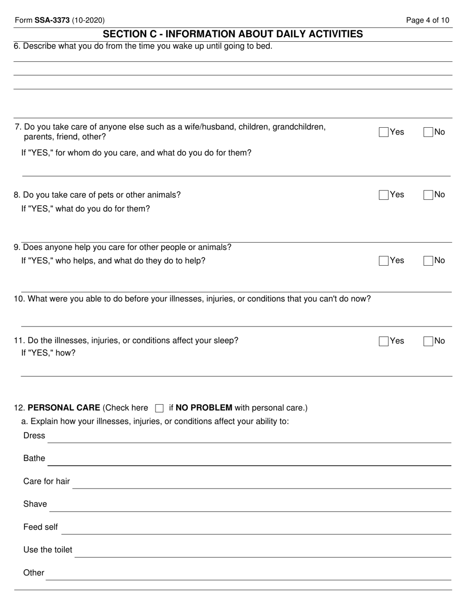 Form SSA-3373 Function Report - Adult, Page 4