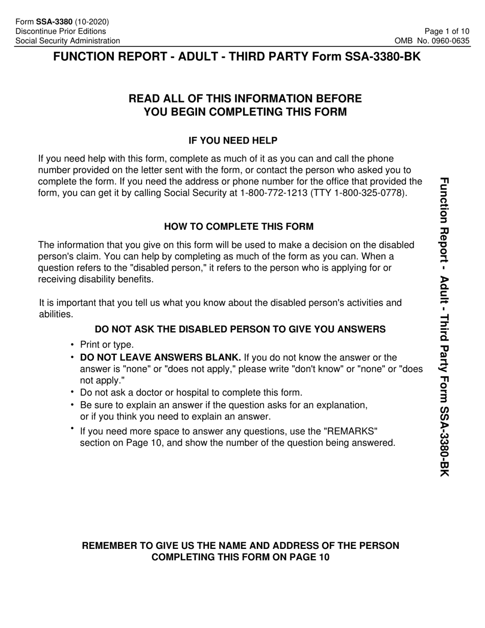 Form ssa 3380 download fillable pdf or fill online function report