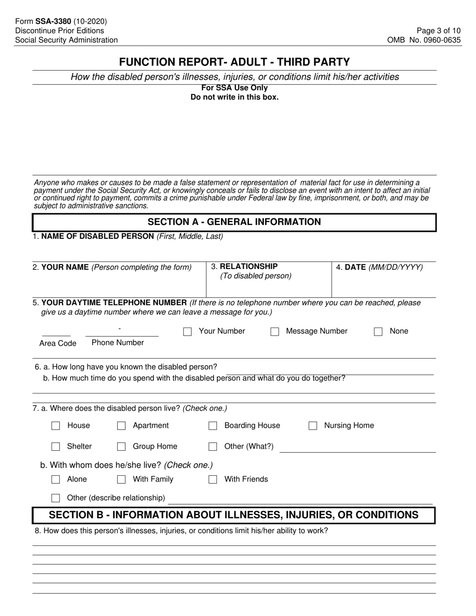 Form SSA-3380 Function Report - Adult - Third Party Form, Page 3