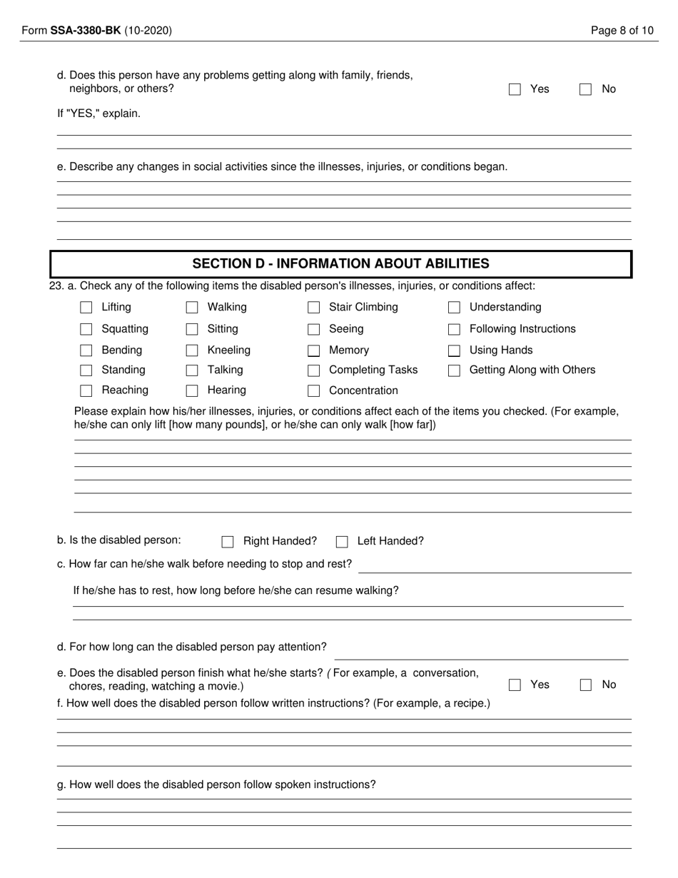 Form SSA-3380 Function Report - Adult - Third Party Form, Page 8