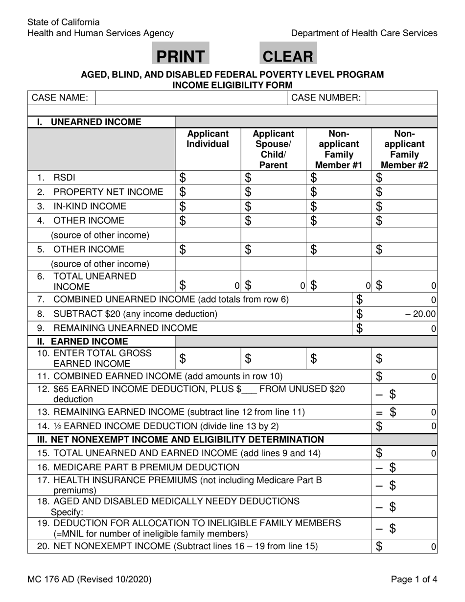 Form MC176 AD Aged, Blind, and Disabled Federal Poverty Level Program Income Eligibility Form - California, Page 1