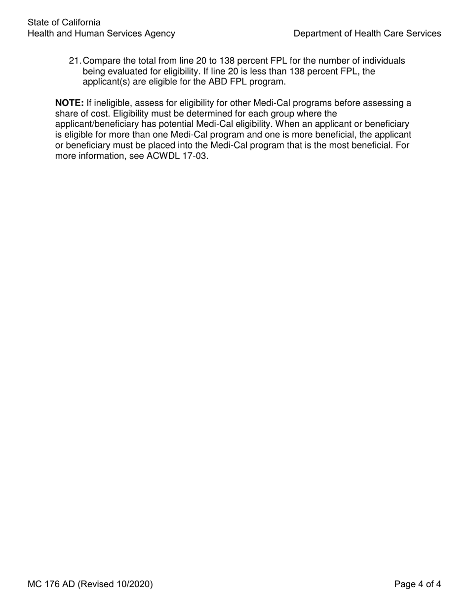 Form MC176 AD Aged, Blind, and Disabled Federal Poverty Level Program Income Eligibility Form - California, Page 4