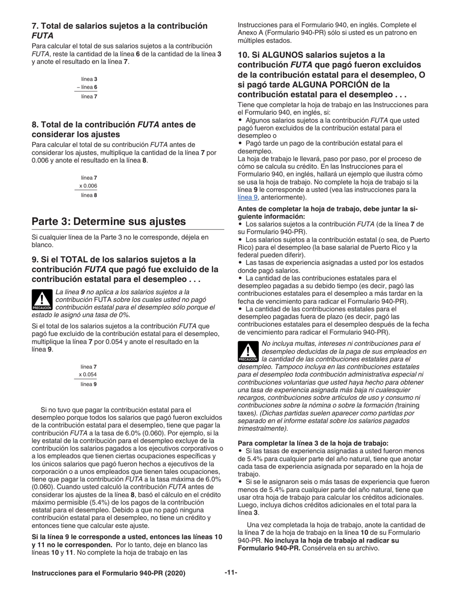Instrucciones para IRS Formulario 940-PR Planilla Para La Declaracion Federal Anual Del Patrono De La Contribucion Federal Para El Desempleo (Futa) (Puerto Rican Spanish), Page 11