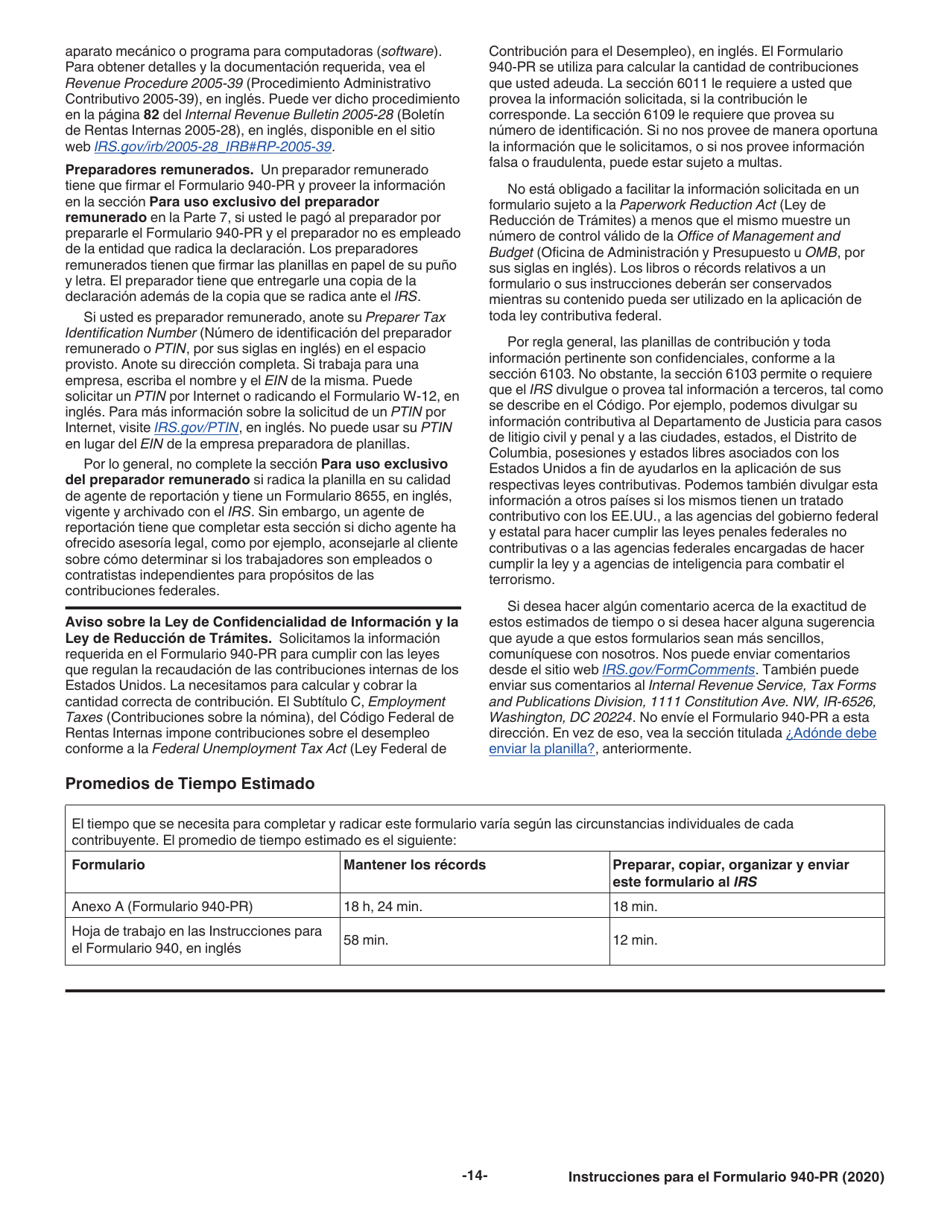 Instrucciones para IRS Formulario 940-PR Planilla Para La Declaracion Federal Anual Del Patrono De La Contribucion Federal Para El Desempleo (Futa) (Puerto Rican Spanish), Page 14