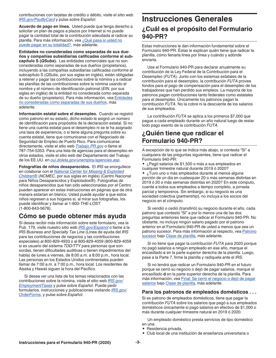 Instrucciones para IRS Formulario 940-PR Planilla Para La Declaracion Federal Anual Del Patrono De La Contribucion Federal Para El Desempleo (Futa) (Puerto Rican Spanish), Page 3